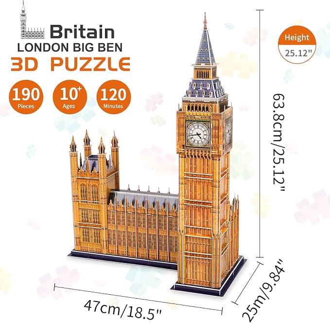 3D Puzzles for Adults & Kids, London Big Ben City Architecture Building Model Kit, 3-D Puzzle DIY Craft Kits STEM Educational Family Assembly Toys Gifts for Boys Girls 10-12-14 Home Decor, 190 Pieces - Image 2