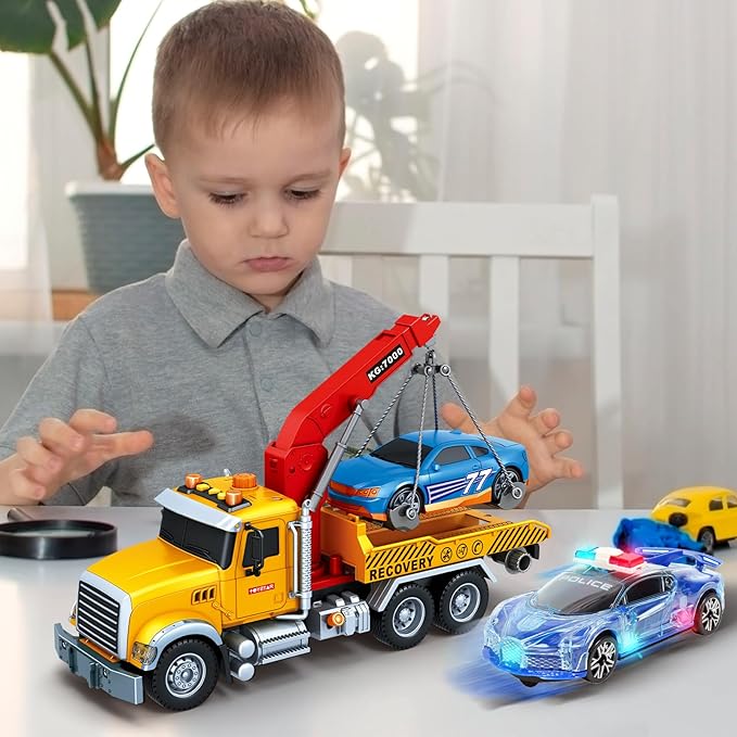 Friction Powered 15 Inch Large Tow Truck Toy with Lights & Sounds, Movable Crane Arm, Tilt Ramp & Roadster - Vehicle Play Set Gift for Boys Girls Kids Ages 3-7