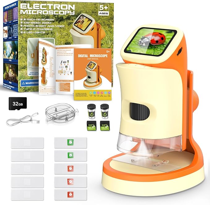 Kids Digital Microscope 1000X with 2.0" Screen | Handheld Rechargeable Microscope Kit with Slides, Portable STEM Science Toy for Kids Ages 5-12, Educational Gift for Boys & Girls by Uarzt