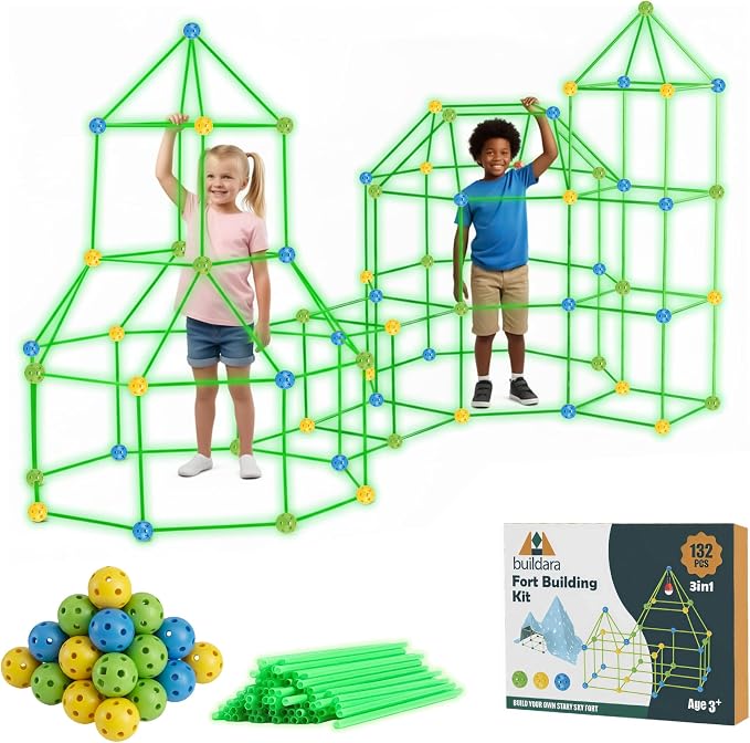 Fort Building Kit for Kids, 132 PCS with Starry Sheet & Light by Buildara