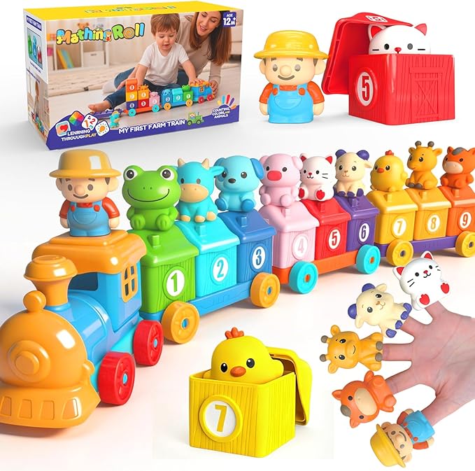 Toddler Learning Toys for 1 2 3 Year Old, Counting Matching & Sorting Montessori Train Set with 9 Farm Animals Finger Puppets, Birthday Gift for Baby Boys Girls by PULASIDO