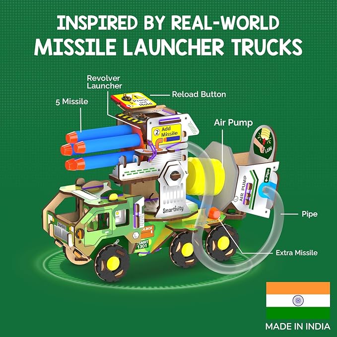 Smartivity DIY Military Vehicle for Kids | Missile Truck with Rotating Launcher | Best Birthday Gift for Boys&Girls | STEM Educational Toy with Air-Powered Missiles for 8,9,10,11,12,13,14 Years