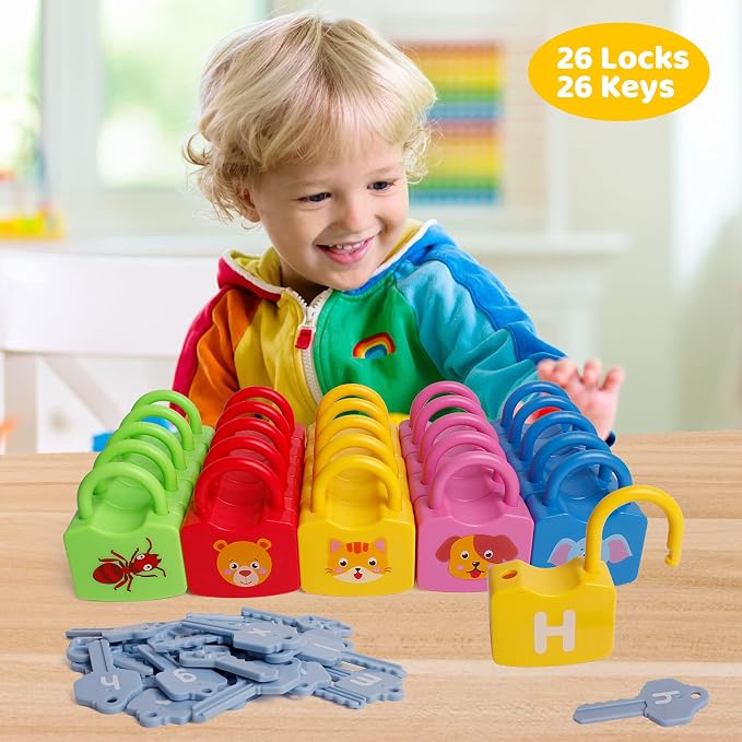 Dinhon Color Alphabet Learning Lock Toys Educational Letter Combination-with 26 Locks, 26 Keys Montessori Preschool Alphabet Learning Game for Ages 3 yrs+ - Image 5