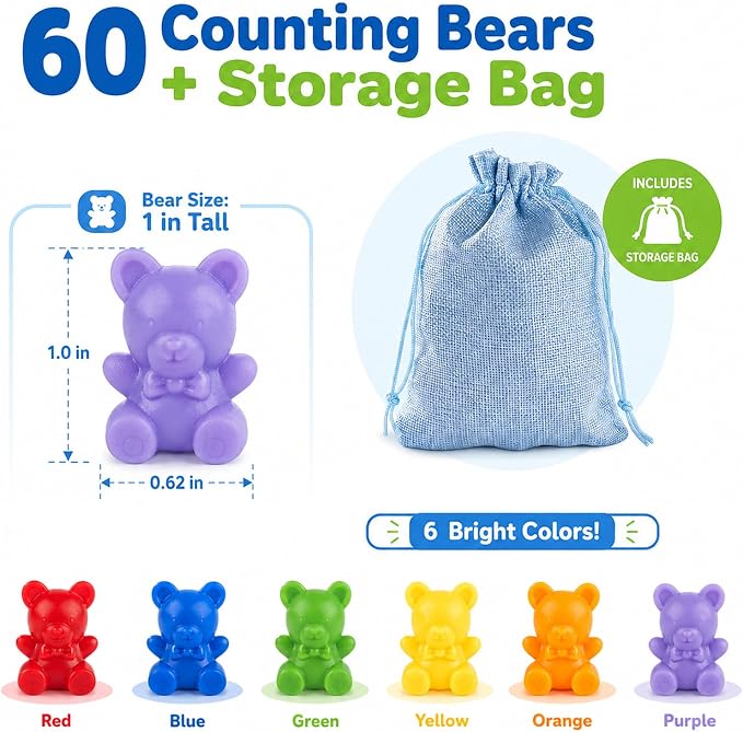 XINHUIDALSQ Rainbow Counting Bears Set of 60, 6 Colors Sorting Teddy Plastic Bears Math Manipulatives for Toddlers, 1 Inch Bear Conters Ages 3+ Kids - Image 3