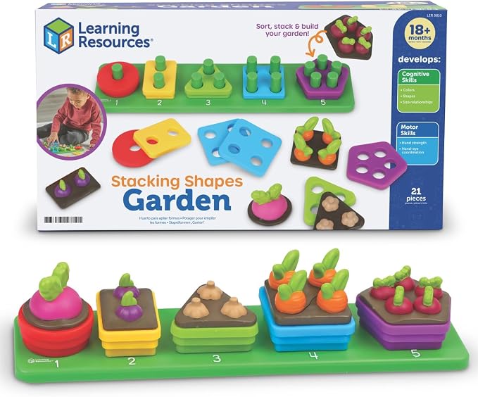 Learning Resources Stacking Shapes Garden, Fine Motor Skills, Stacking and Sorting Puzzle Board, Montessori Toddler Sensory Table Toys, Color Matching, Busy Board, Boy and Girl Gifts by LearningResources