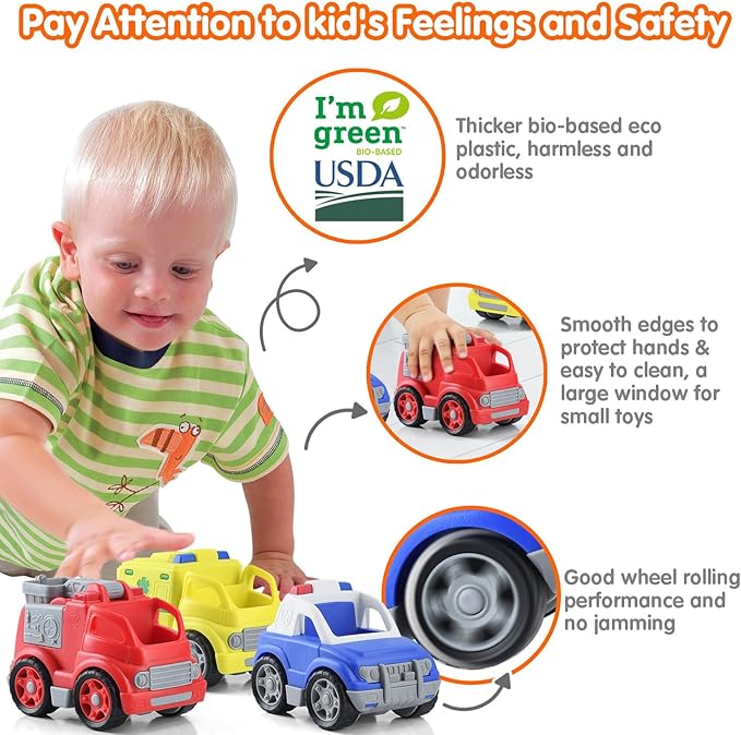PLAY Eco-Friendly 3 in 1 Emergency Vehicle Toy Set, [USDA Certified] No BPA/Phthalate/PVC, Recycled Bioplastic Rescue Vehicle with Fire Truck, Police Car & Ambulance Toy