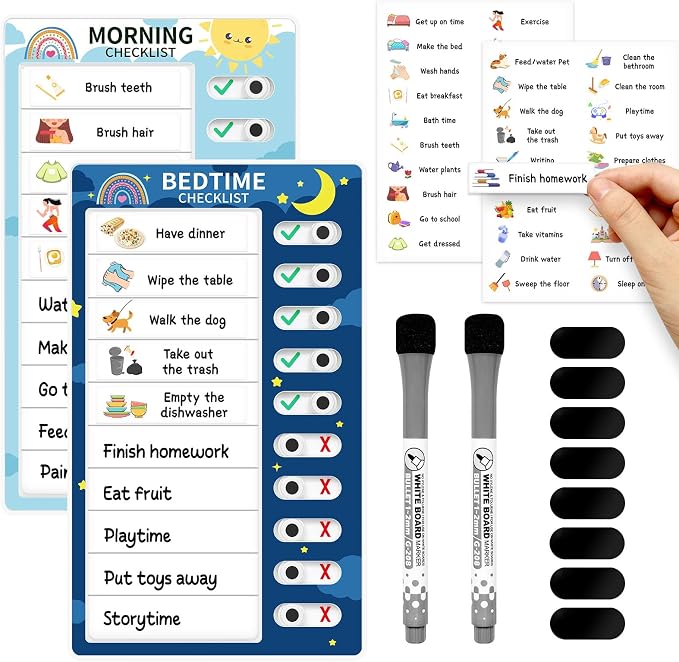 Chore Chart for Kids: Dry Erase Visual Schedule, Magnetic Bedtime/Morning Routine Chart - Toddler Chore Board, Checklist, To Do List for Kids (1 morning checklist, 1 bedtime checklist) by Tsytyst