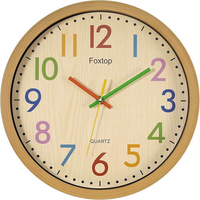 Foxtop Silent Kids Wall Clock 12 Inch Non-Ticking Battery Operated Colorful Childrens Clock for Classroom Playroom Nursery Bedrooms Kids Room School by Foxtop