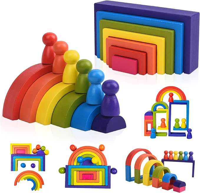 Wooden Toys, Montessori Toys for Kids 3 4 5 6+Years Old Boys Girls Rainbow Stacking Blocks Set Preschool Activites Educational Toy Gifts for Toddler-19PCS by BOZE+SUPOD