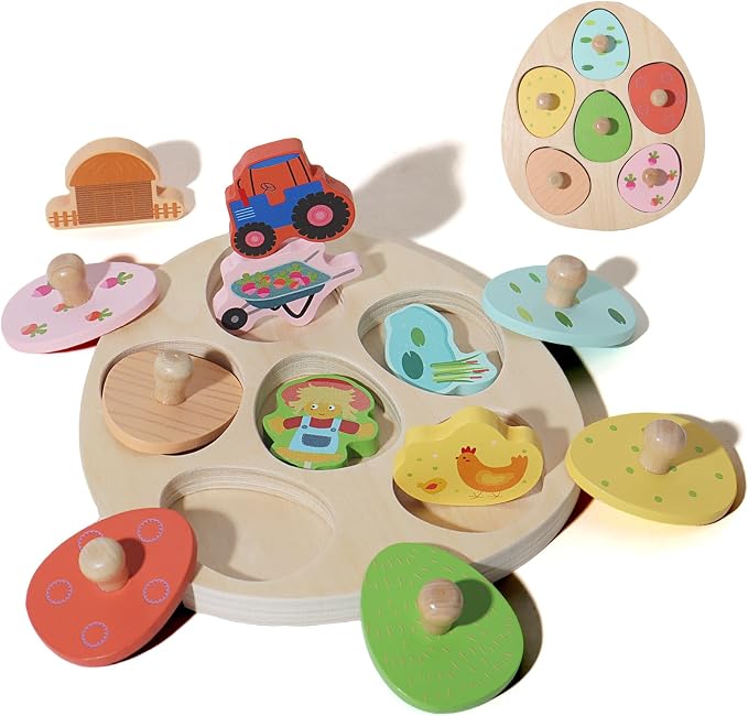 Montessori Farm Theme Matching Eggs Peg Puzzle, Wooden Color Shape Sorting Toy for 1 Year Old Boys Girls, Early Educational Fine Motor Skills Learning Toy Gifts for 12-18 Months 1 2 Year Old Toddlers by WISBOOK