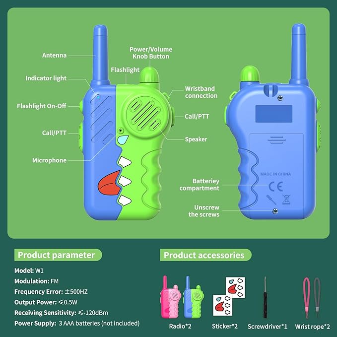 Dinosaur Kids Walkie Talkies Toy 2 Pack - Durable Walkie Talkies for Boys Girls with Volume Knob & Clear Sound, 1000ft Long Range with Flashlight - Birthday Gifts for Ages 3-12 (3 AAA Batteries)