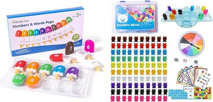 Mini Number Pops 1-10 – 100 Pcs Translucent Bear Counters Includes 11 Activity Cards, Color Sorting Toys, Fun Number Matching Toys for Kindergarten & Preschool by Odoorgames