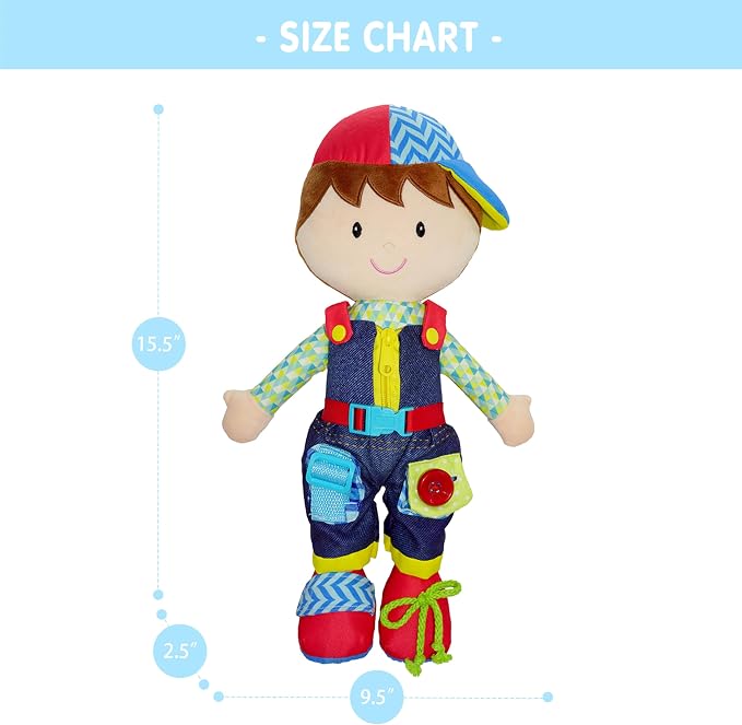 June Garden 15.5" Dressy Friends Lucas - Educational Stuffed Plush Doll for Kids and Toddlers 2 Years and Up - Montessori Buckle Soft Toy - Image 7