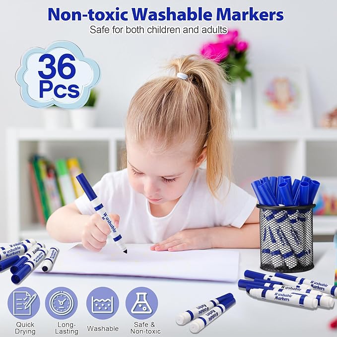 Janlaugh 36 Pcs Blue Washable Markers Bulk Coloring Broad Line Markers for Kids Blue Conical Tip Drawing Pen for Christmas,School Supplies, Travel Art Baby Shower Gender Reveal Party Supplies, Ages 6+
