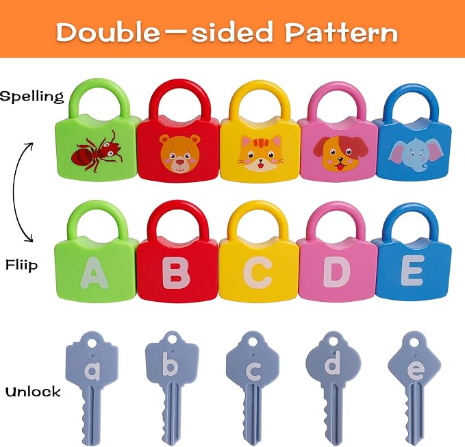 Dinhon Color Alphabet Learning Lock Toys Educational Letter Combination-with 26 Locks, 26 Keys Montessori Preschool Alphabet Learning Game for Ages 3 yrs+ - Image 6