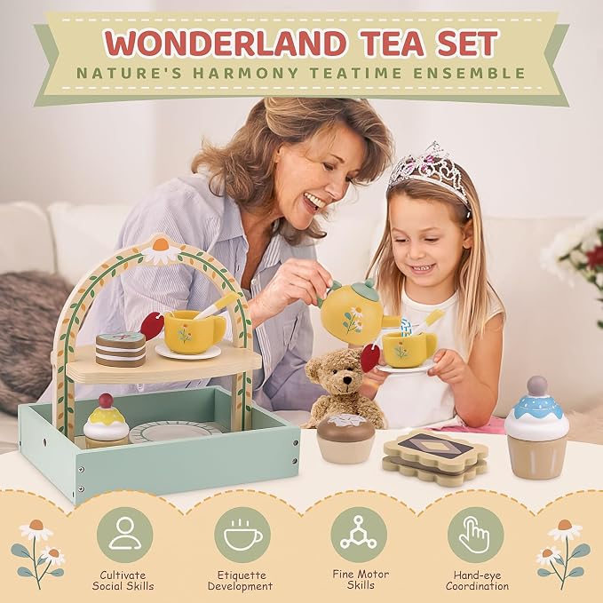 Wooden Tea Sets for Little Girls Play Food Cake Pretend Play Toys - Image 4