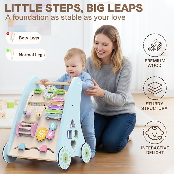 Wooden Baby Walker,Adjustable Speed Push Walker with Wheels and Learning Activity Center,Montessori Walker for Babies 12 Months,Baby Walker Push Toys for Baby Boys and Girls Gifts (Blue)