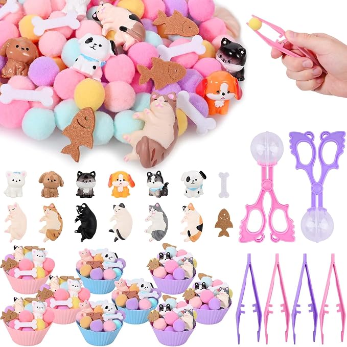Sanixn 207 Pcs Pet Sensory Bin Fillers Dog and Cat Fine Motor Skills Pet Sensory Bin Item Pompoms Cups Tweezers Scissor Clips for Sorting Counting Fun Activities(Pet) by Sanixin