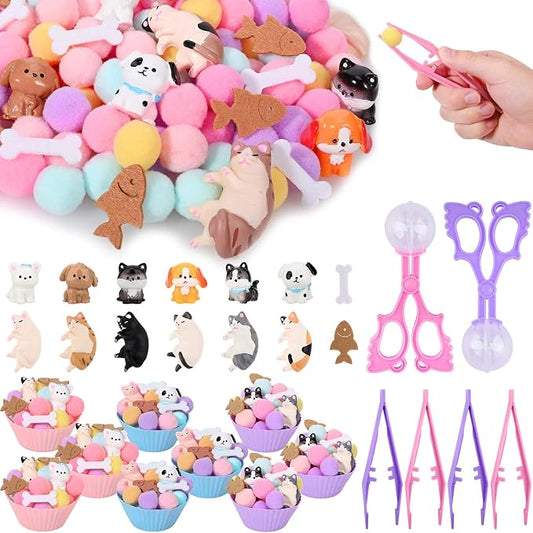 Sanixn 207 Pcs Pet Sensory Bin Fillers Dog and Cat Fine Motor Skills Pet Sensory Bin Item Pompoms Cups Tweezers Scissor Clips for Sorting Counting Fun Activities(Pet) by Sanixin