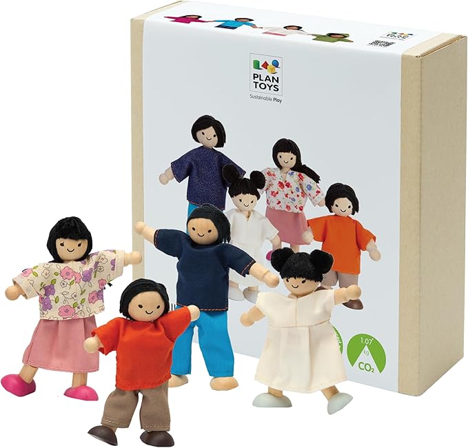 PlanToys® Wooden Dollhouse Family Set – Fair Skin Tone | 4 Poseable 1:12 Scale Doll House People | Montessori Pretend Play Figurines | Eco-Friendly Sustainable Wooden Toy for Kids