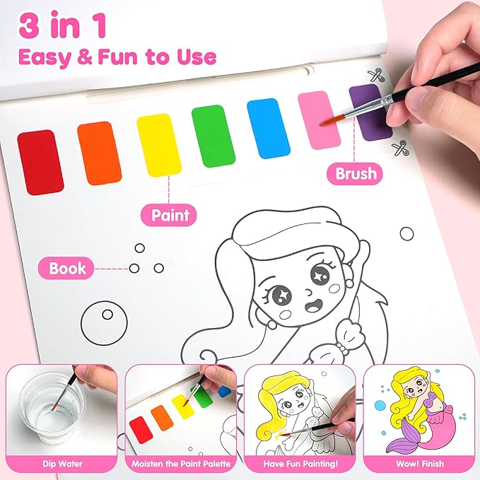ZIZZ Paint with Water Coloring Books for Toddlers, Princess Watercolor Painting Sets for Kids Ages 3-5 4-8 Years Old, No-Mess Drawing Activity Kit Art Craft Toys Birthday Gifts for Girls Boy