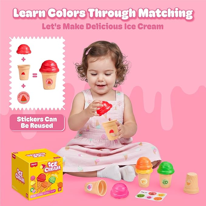 JoyCat Ice Cream Sorting and Stacking Pretend Play Toy Set, 5 Cones - Image 4