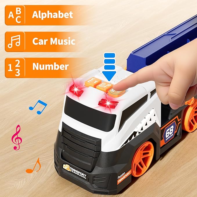 Transport Truck Toys for Kid Boys 3-5, EVA Ball Launcher Car Toys for Kids, Garage Car Toys with Light & Sound, Shooting Toy Sets, Christmas Birthday Gifts for Kid Boys Age 3 4 5 6
