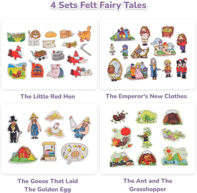 CHEFAN Felt Board for Toddlers,4 Sets Flannel Board Stories for Preschool Activity,Little Red Hen,The Ant and The Grasshopper,The Goose that Laid The Golden Egg and The Emperor's New Clothes - Image 2