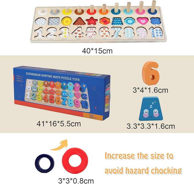 QZMTOY Wooden Montessori Toys for Kids, Toddler Number Puzzles Sorter Counting Shape Stacker Stacking Game Preschool Toys for Boy Girl Learning Education Math Blocks Chunky Puzzles Gift for Toddlers - Image 6
