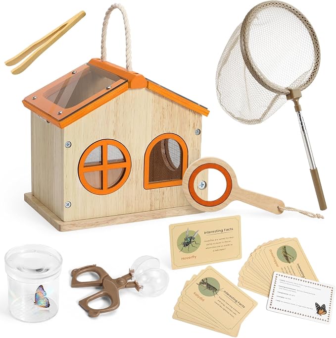 SainSmart Jr. Bug Catcher for Kids - Wooden Bug Habitat with Magnified Viewer, Butterfly Net, Observation Box, Tweezers & 15 Cards, Outdoor Toys & STEM Toys for Boys & Girls Ages 3+, Orange by SainSmartJr