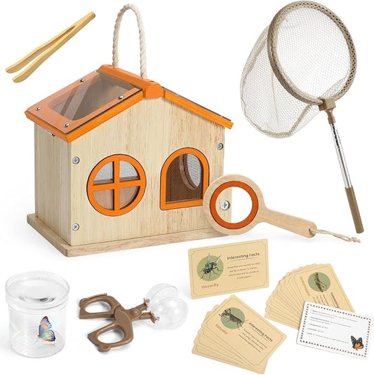 SainSmart Jr. Bug Catcher for Kids - Wooden Bug Habitat with Magnified Viewer, Butterfly Net, Observation Box, Tweezers & 15 Cards, Outdoor Toys & STEM Toys for Boys & Girls Ages 3+, Orange by SainSmartJr