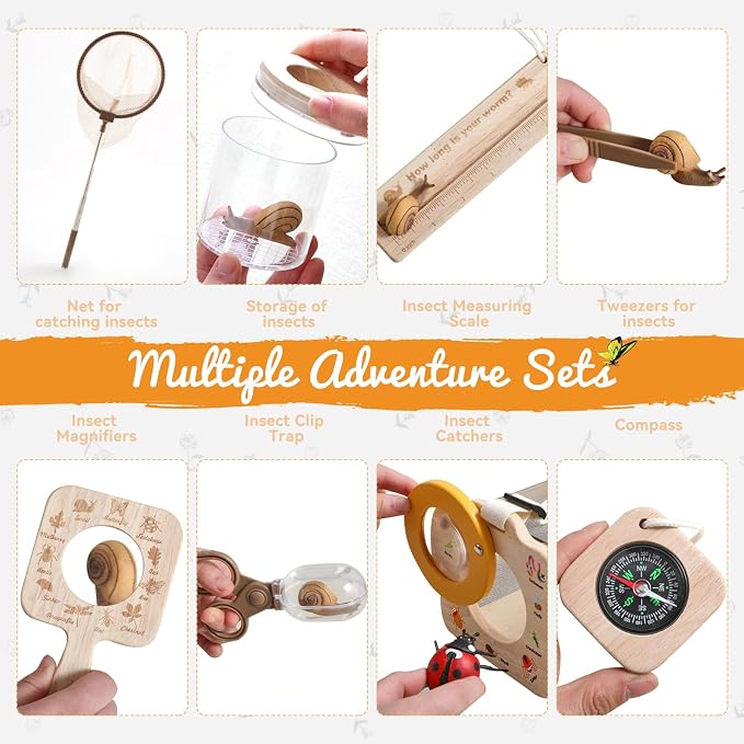 Wooden Insect Observation Kit for Kids,10Pcs Outdoor Nature Explorer Set, Insect Habitat Cage,Butterfly Net,Magnifying Glass,Compass STEM Education Toy, Birthday Backyard Gift for 3+ Boys & Girls - Image 8