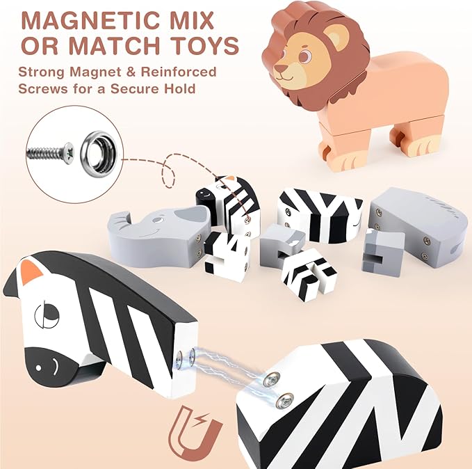 Joyreal Magnetic Mix or Match Jungle Animals Toy Play Set, 16 Pcs Wooden Building Blocks Play Set Toy for 1 Year Old, Fine Motor Montessori Game Preschool Educational Gift for Ages 1-5