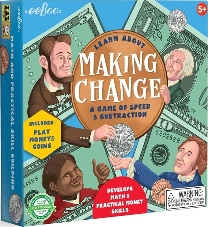 eeBoo Making Change Math Game with Play Money, Coins, Ages 5+, 2-4 Players by eeBoo