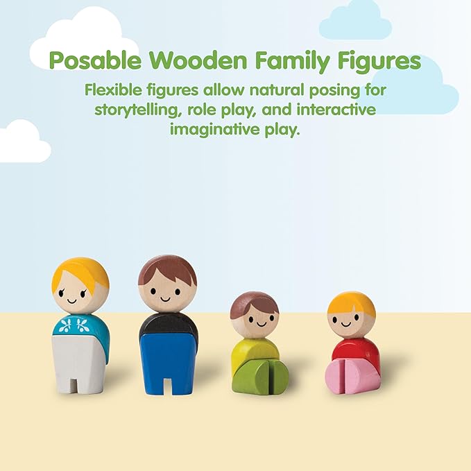 PlanToys® PlanWorld Family Set | 4 Wooden Poseable Figures for PlanCity & PlanWorld Playsets | Montessori Pretend Play Family with Flexible Arms & Legs | Eco-Friendly Sustainable Wooden Toy for Kids
