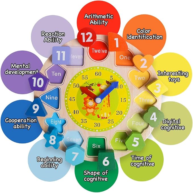Wooden Sorting Clock Toy for Kids 3-5 Years Old, Montessori Shape Color & Animal Puzzle, Educational Learning Gift for Teaching Time, Numbers, and Fine Motor Skills - Image 2