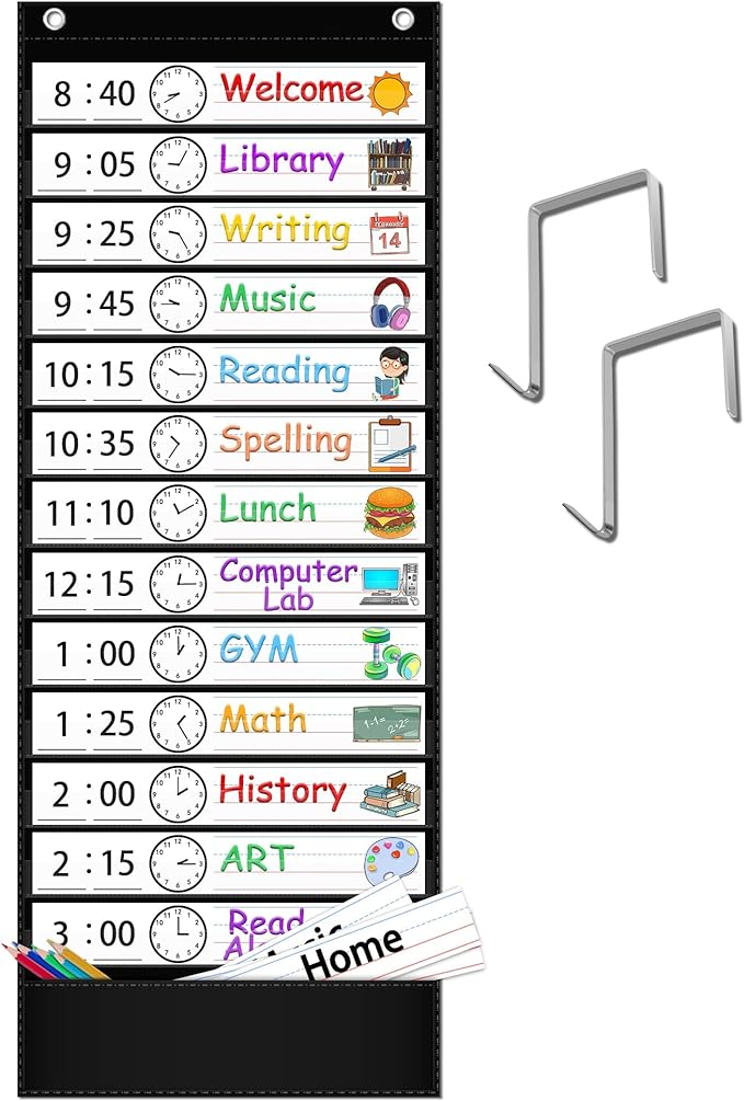 AKAYOK Daily Schedule Pocket Chart — 13+1 Pocket Visual Schedule for Kids, Includes 18 Double-Sided Blank Reusable Dry-Erase Cards, Daily Planner with Hourly Schedule for Classroom, Office, Home, School Activities (Black) by AKAYOK