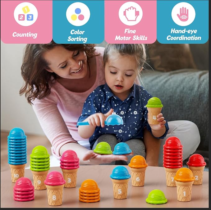 Aizweb Ice Cream Counting and Color Sorting Stacking Toys for Toddlers, Montessori Preschool Kindergarten Learning Activities,Number Math Manipulatives Math Games Educational Fine Motor Skills Toys - Image 3