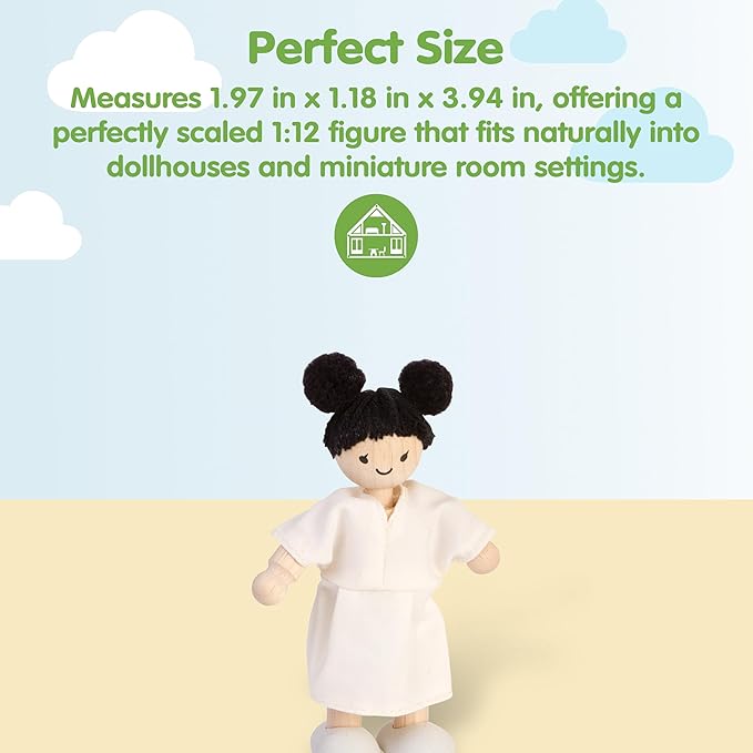 PlanToys® Wooden Girl Dollhouse Figure - Fair Skin Tone | Poseable 1:12 Scale Dollhouse People | Montessori Pretend Play Doll with Bendable Arms & Legs | Eco-Friendly Wooden Figurine for Kids
