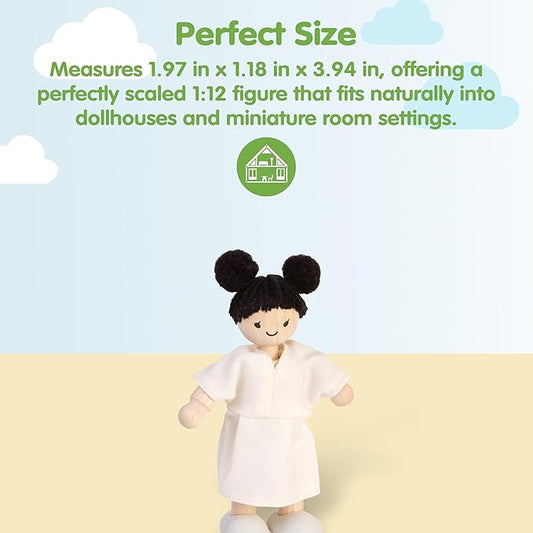 PlanToys® Wooden Girl Dollhouse Figure - Fair Skin Tone | Poseable 1:12 Scale Dollhouse People | Montessori Pretend Play Doll with Bendable Arms & Legs | Eco-Friendly Wooden Figurine for Kids