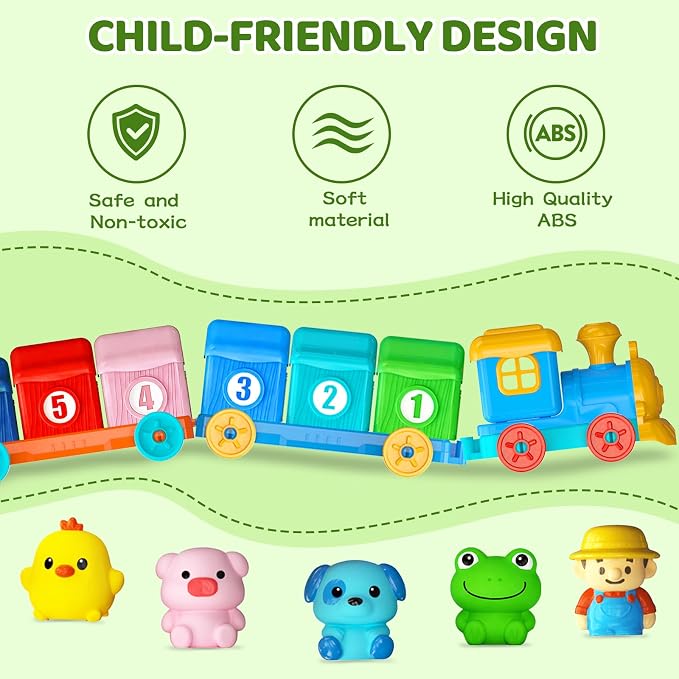 Toddler Learning Toys for 1 2 3 Year Old, Counting Matching & Sorting Montessori Train Set with 9 Farm Animals Finger Puppets, Birthday Gift for Baby Boys Girls - Image 2