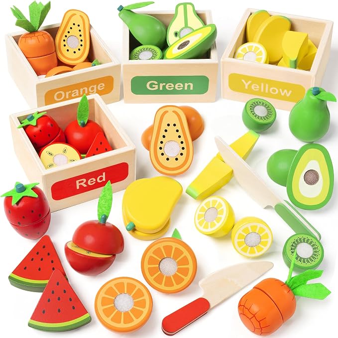TooyBing Wooden Play Food Toy Set for Kids Kitchen - 30 Pcs Montessori Cutting & Color Sorting Fake Fruit Accessories with 4 Boxes, Play Toys for Toddlers 3, Birthday Gifts for Boys Girls by TooyBing