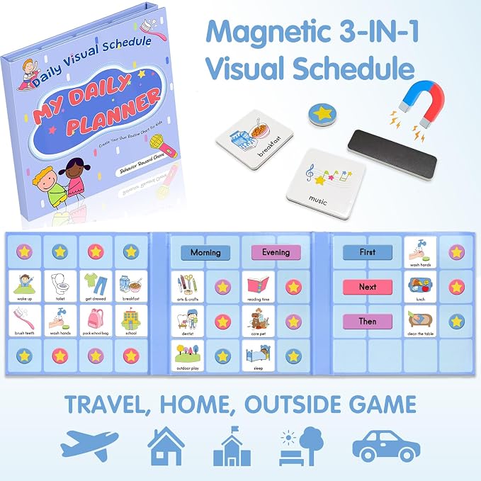 ALSLEA Magnetic Visual Schedule, Morning & Bedtime Routine Chart, Magnetic Chore Chart Cards, Customizable Daily Planner with 171 Magnets ADHD, Autism Learning Material, Early Childhood Education Aid - Image 3