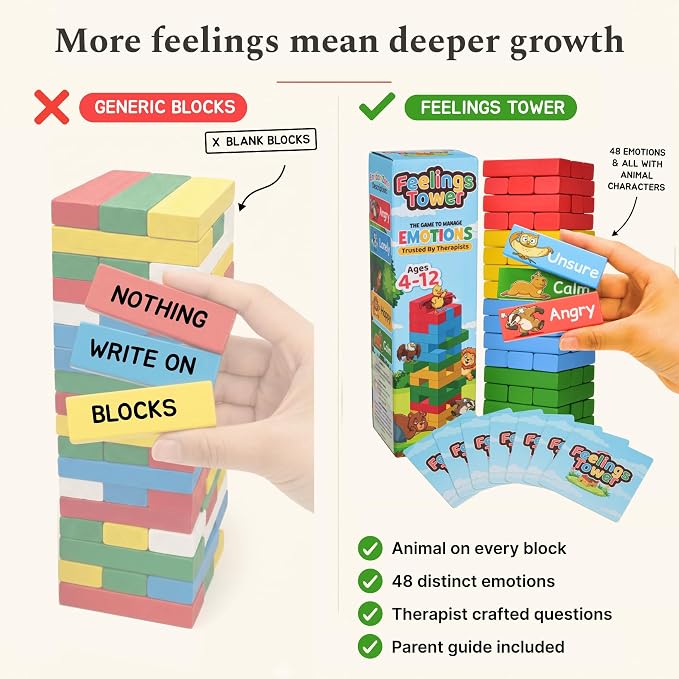 Feelings Tower Therapy Games for Kids & Teens - Social Emotional Learning Toy, 48 Emotion Cards & Animal Stacking Blocks - Play Therapy Toys, SEL & Social Skills Games for Kids, Counseling - Image 4