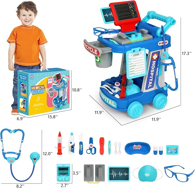 Doctor Kit for Toddlers 3-5 With 21pcs Medical Kit Toy Doctor Cart Stethoscope and Other Accessories Boy and Girl Fun Role Playing Game Dentist Toy Kids Pretend Play Girls Toys for 3 4 5 Birthday Gift