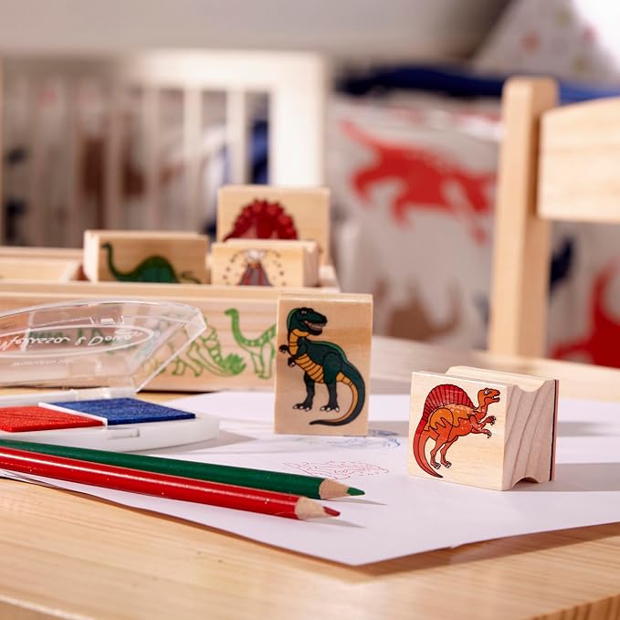 Melissa & Doug Wooden Stamp Set: Dinosaurs - 8 Stamps, 5 Colored Pencils, 2-Color Stamp Pad - FSC Certified - Image 9