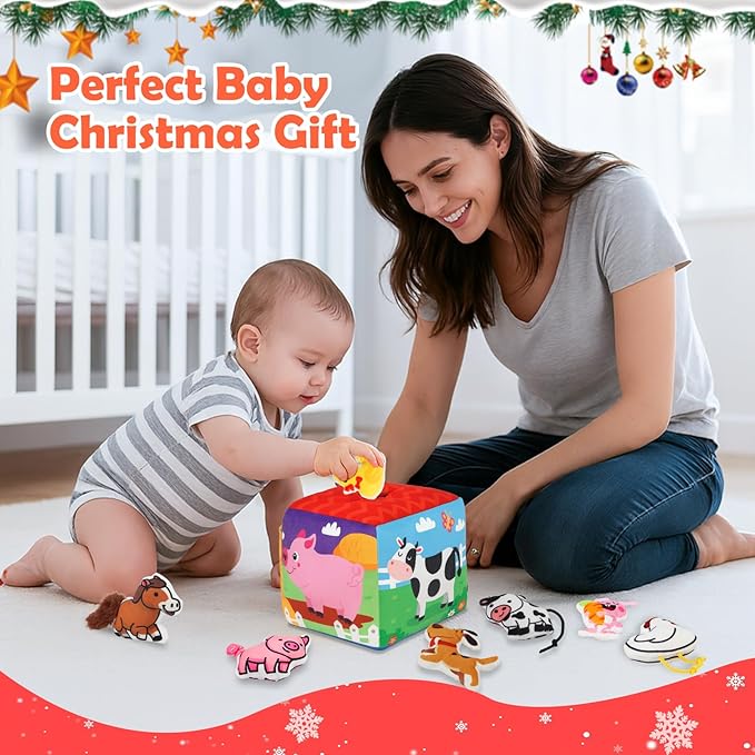 Avesa Baby Toys 6-12 Months - Soft Sensory Box Infant Toy with Stuffed Animals, Rattle, Crinkle Paper, Mirror - 6 Month Old Must Haves Boy Girl Babies Birthday for 1 Year Old Learning Toys