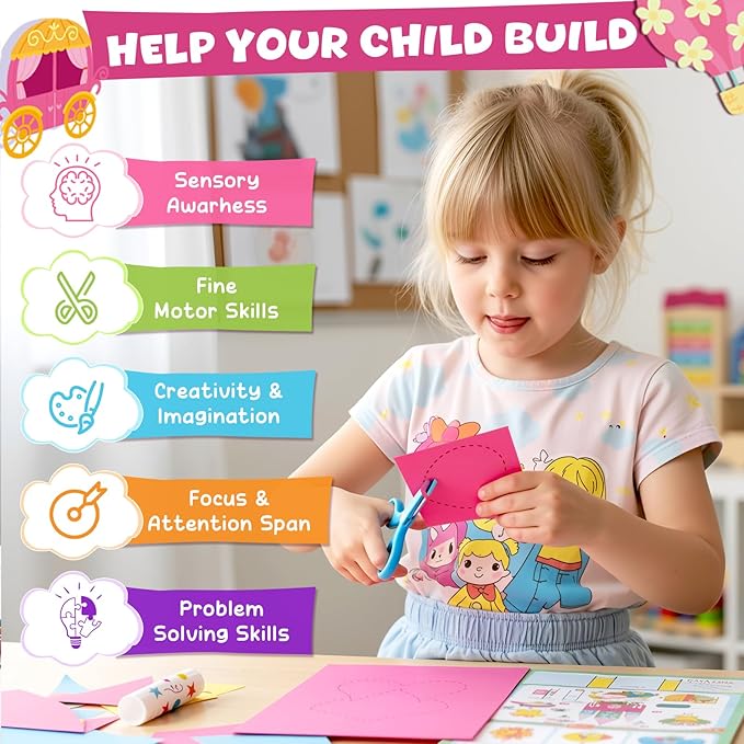 YoPoll Scissor Skills Activity Book for Kids, Toddler Arts and Crafts Kit with 2 Safety Scissors, Preschool Learning Toy for Fine Motor Skills and Creative Cutting Practice, Fun Gift for Boys & Girls