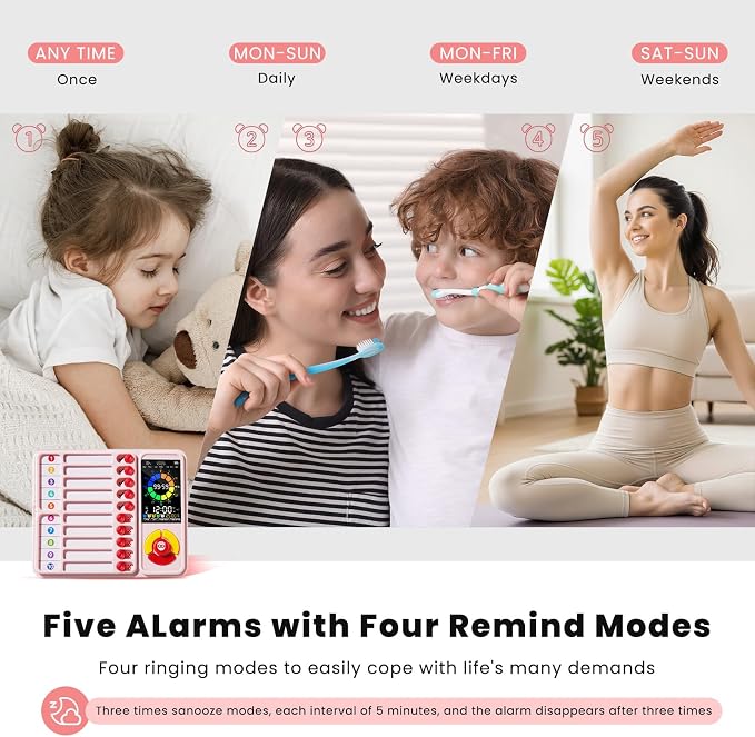 ADHD Tool for Kids, 5-in-1 Visual Timer with Chore Chart Board, Visual Schedule for Kids, 12/24 Task Timer with 99'59'' Countdown/Countup, 5 Alarms, Silent Operation Visual Schedule for Autism - Pink - Image 4