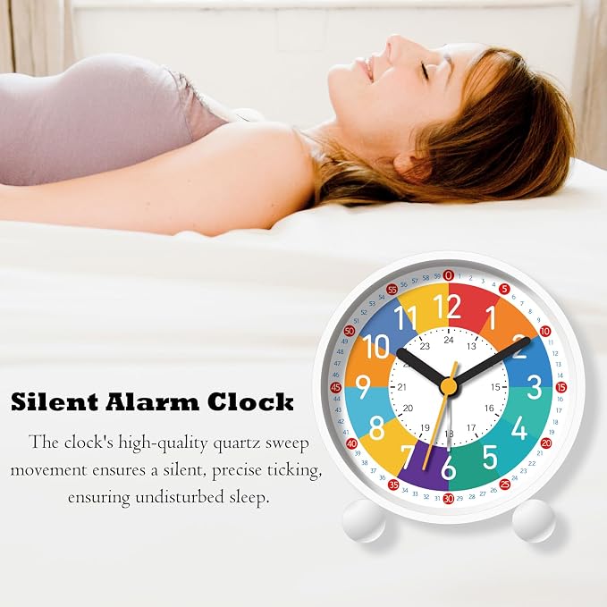 Analog Alarm Clock for Kids Learn to Tell Time with Colorful Dial, Silent Clock Movement, Battery Operated with Back-Light, for Kids,Teens, Travel and Nice Bedroom Decor (White) - Image 4